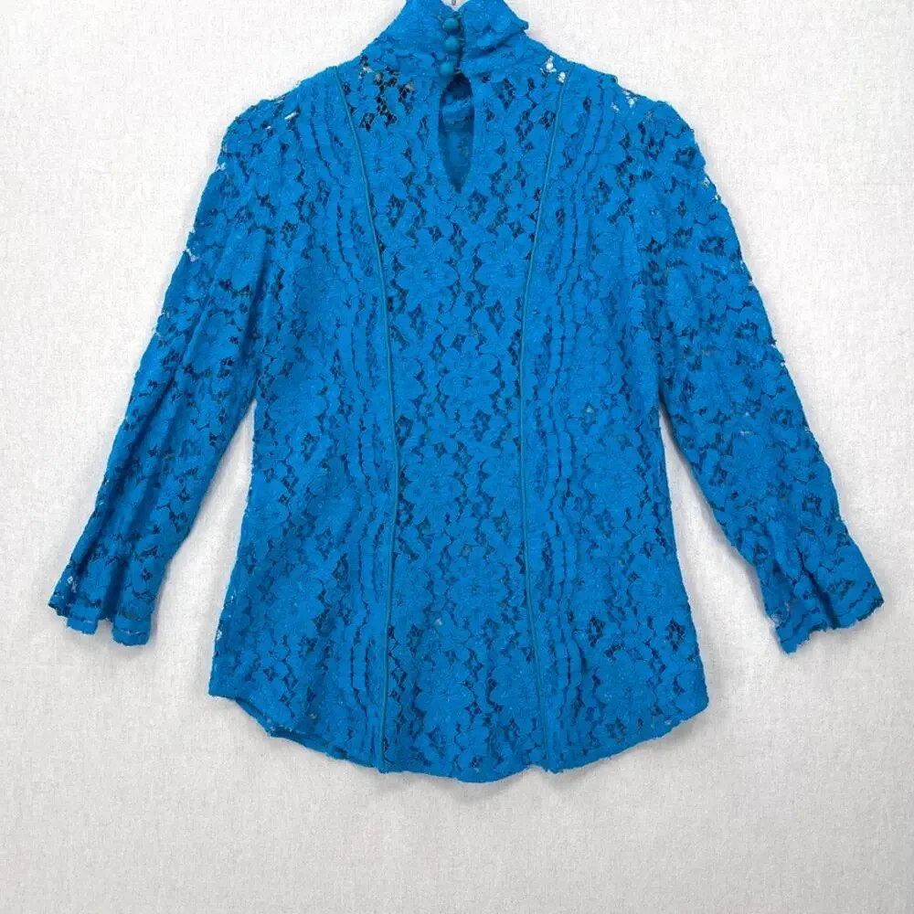 SMYTHE Scalloped Lace Mockneck Top Womens Extra Small Prussian Blue Floral